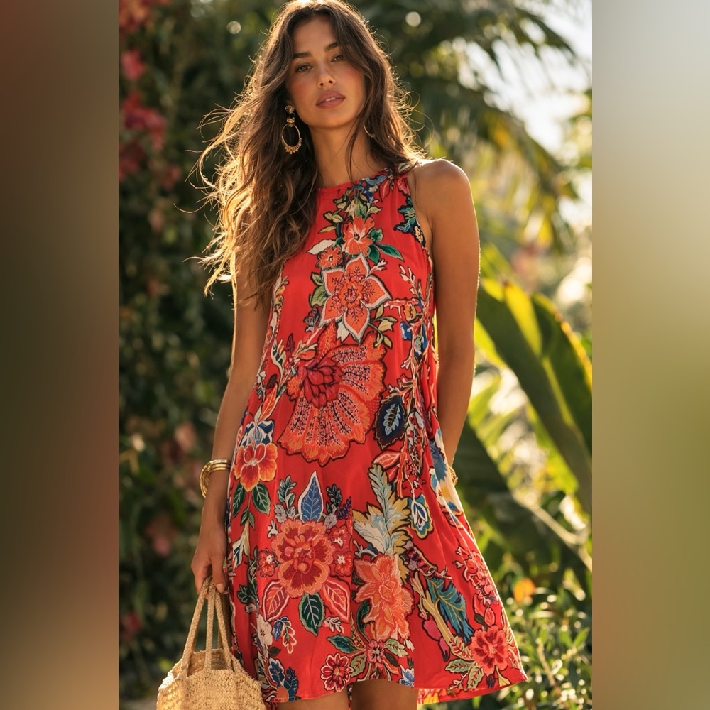 Anthropologie Maeve Larkhill Silk Floral Swing Dress Boho Red High Neck Size L